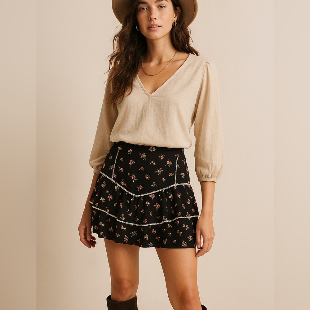 NWT Forever 22 Black Floral Ruffle Boho Mini Skirt – Size Large